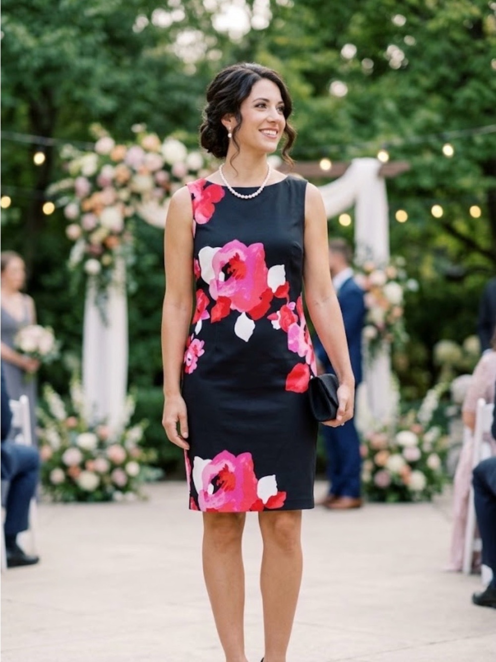 AB Studio Black Midi Sheath Dress with Pink and Red Floral Print